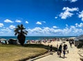 Tel Aviv, Israel- May 6, 2020: Unknown people on beach in Tel Baruch, favorite vacation spot, at the beginning of the swimming