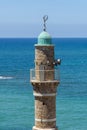 Tel Aviv Israel May 19, 2019 View of the tower of the Al-Bahr mosque sea mosque with in the background the turquoise sea, locate
