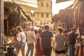 Tel Aviv, Israel - Oct 26th 2018 - Group of tourists walking in a local market in a late afternoon light in Tel Aviv, Israel