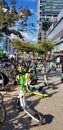 TEL AVIV, ISRAEL - October 09, 2021: Downtown view of Yigal Alon Street. Parking of bicycles, bikes and rental electric scooters