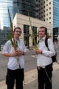 Two young Orthodox Jewish boys holding the four elements of Sukkot during the Feast of Tabernacles in tel Aviv, Israel