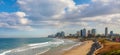 Panoramic view of downtown Tel Aviv with Charles Clore beach at Mediterranean coastline and business district of Tel Aviv Yafo,