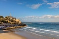 Panoramic view of Old City of Jaffa at Mediterranean coastline with seaside Jaffa beach in Tel Aviv Yafo, Israel Royalty Free Stock Photo