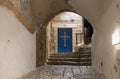 Door to the Greek Church of St. Michael on the Lane signs of the zodiac at night in on old city Yafo in Tel Aviv-Yafo in Israel Royalty Free Stock Photo