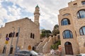 Al-Bahr Mosque in the old town of Yafo and the skyscrapers of Tel Aviv in the distance, in Tel Aviv - Yafo city, Israel