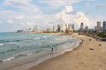 Promenade and free beach in the old town of Yafo and the skyscrapers of Tel Aviv in the distance, in Tel Aviv - Yafo city, Israel