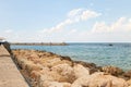 Promenade in the old town of Yafo and the skyscrapers of Tel Aviv in the distance, in Tel Aviv - Yafo city, Israel