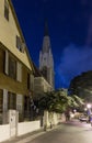 View at night on the Bar Hoffman Street in the American Colony in Yafo. Royalty Free Stock Photo