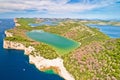 Telascica nature park cliffs and green Mir lake on Dugi Otok island aerial view Royalty Free Stock Photo