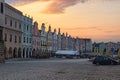 TELC, THE CZECH REPUBLIC-AUGUST 26, 2017: Colorful arcade in Telc, summer sunrise, Czech Republic Royalty Free Stock Photo