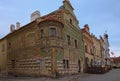 Colorful building at the main square of Telc. House of Osterreicher the Master Mason at number 15 with green frescos named sgraffi