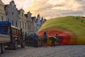 TELC, THE CZECH REPUBLIC-AUGUST 26, 2017: Preparation of a hot air balloon for flight in the main square of the city Telc. The bal Royalty Free Stock Photo