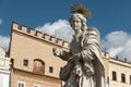 Telc, Czechia - 03 30 2023, Staue detail with historical buildings of Telc town