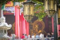 Tele zoom to the golden Buddha image face while people praying a Royalty Free Stock Photo