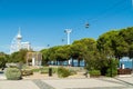 Telecabins cable cars and people in Park of Nations in Lisbon