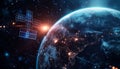 Telecom satellite orbiting earth with futuristic hologram data for internet and gps connectivity Royalty Free Stock Photo