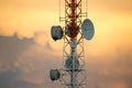 Telecom Signal Tower in sunset. Royalty Free Stock Photo