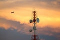 Telecom Signal Tower in sunset and plane is flying through. Royalty Free Stock Photo