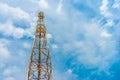 Telecom tower antennas with blue sky background.