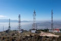 The telecom tower with blue sky. Telecommunications antenna tower in the morning. Royalty Free Stock Photo