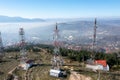 The telecom tower with blue sky. Telecommunications antenna tower in the morning. Royalty Free Stock Photo