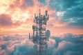 Telecom tower high above clouds. Metal structure with antennas. Sunrise sunset sky. Modern communication tech. Cloud layers. Royalty Free Stock Photo