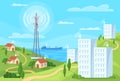 Telecom tower signal. City wireless telecommunications, 5g 4g lte internet coverage cell antenna radio transmitter