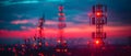 Telecom Towers at Sunset: Synchronizing the Future. Concept Technology, Communication,