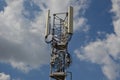 A Telecommunication antenna mast with a slightly cloudy background