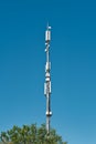 Telecommunication cell tower antenna against blue sky. Wireless communication and modern mobile internet Royalty Free Stock Photo