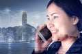 Telecommunication and Communication 5G Network Concept, Double Exposure of Business Woman is Using Smart Phone for Calling Royalty Free Stock Photo