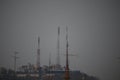 Telecommunication engineer working on high tower,Risk work of high work,Technician working with safety equipment on tower Royalty Free Stock Photo