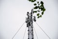 Telecommunication engineer working on high tower,Risk work of high work,Technician working with safety equipment on Royalty Free Stock Photo