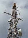 Telecommunication and mobile network infrastructure with two cell site towers side by side, housing antennas and Remote