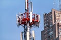 Telecommunication network repeaters, base transceiver station. Tower wireless communication antenna transmitter and repeater. Royalty Free Stock Photo