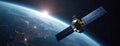 Telecommunication satellite in space. Solar panels on satellite. Earth from space with city lights. Sun rays in space. Global Royalty Free Stock Photo