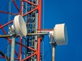 Cell antenna, transmitter. Telecom TV radio mobile tower against blue sky Royalty Free Stock Photo