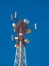 Cell antenna, transmitter. Telecom TV radio mobile tower against blue sky Royalty Free Stock Photo