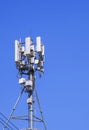 Telecommunication tower with antenna and equipment for cellular communication system against blue clear sky background Royalty Free Stock Photo