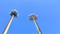 Telecommunication tower with antennas against blue sky background with copy space Royalty Free Stock Photo