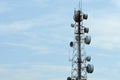 Telecommunication tower with antennas with blue sky. Royalty Free Stock Photo