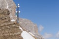 Telecommunication tower with antennas and satellite dish. Development of communication systems in mountain areas. Royalty Free Stock Photo