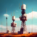 Telecommunication tower with antennas and satellite dishes. Digital painting illustration. Royalty Free Stock Photo