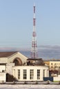 Telecommunication tower on blue sky background. Royalty Free Stock Photo