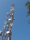 Telecommunication tower with blue skyline