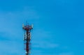 Telecommunication tower with clear blue sky background. Antenna on blue sky. Radio and satellite pole. Communication technology.