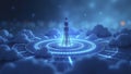 Telecommunication tower connecting cloud computing network with futuristic hologram interface