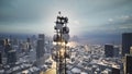 Telecommunication tower with 5G cellular network antenna on city background, 3d render