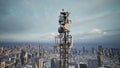 Telecommunication tower with 5G cellular network antenna on city background, 3d render