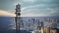 Telecommunication tower with 5G cellular network antenna on city background, 3d render